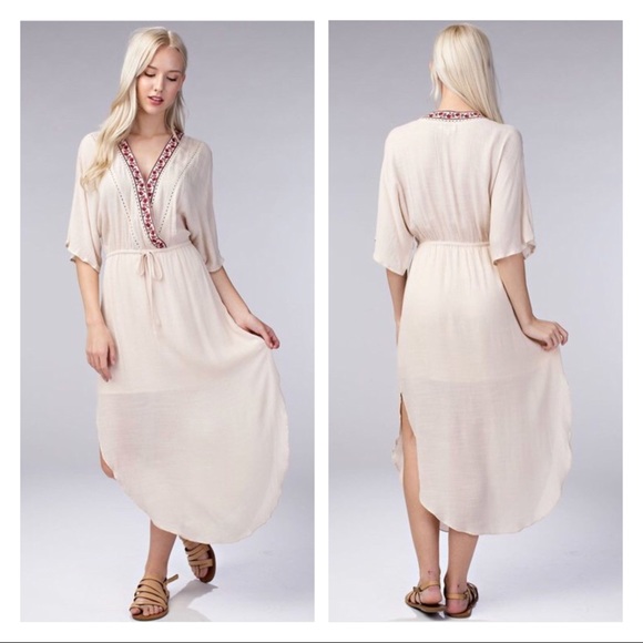 Embroidered trim kimono sleeve midi dress - Picture 1 of 8